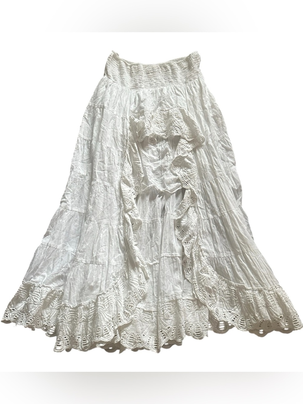 Solitaire High Low Ruffle Cottagecore Tiered Romantic White Peasant Maxi Skirt L - Picture 2 of 9